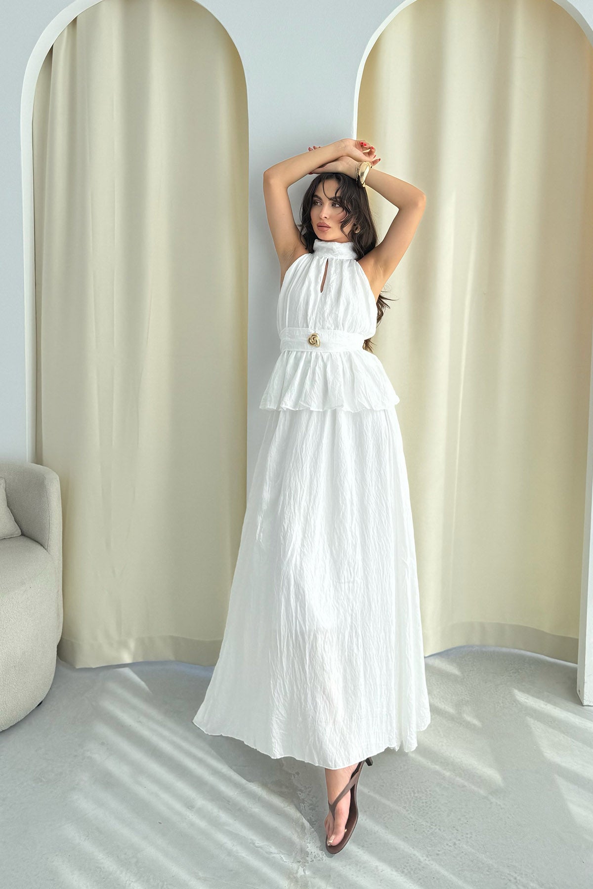 Beyaz Halter Yaka Ponce Bluz Etek Takım SY-3270-Beyaz