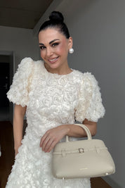 Gül Detaylı Krem Rosella Özel Tasarım Elbise SY-3519-Krem