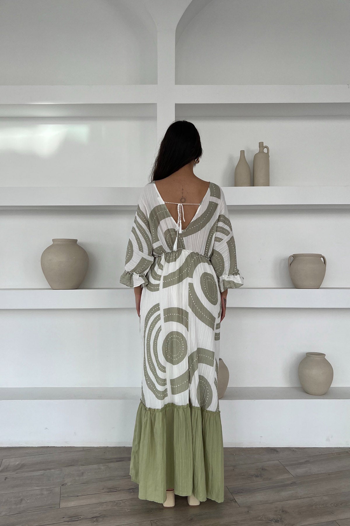 Yeşil Desenli Düşük Omuz Maxi Boy Elbise SY-2166-Yeşil