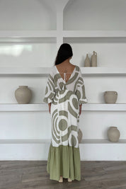 Yeşil Desenli Düşük Omuz Maxi Boy Elbise SY-2166-Yeşil