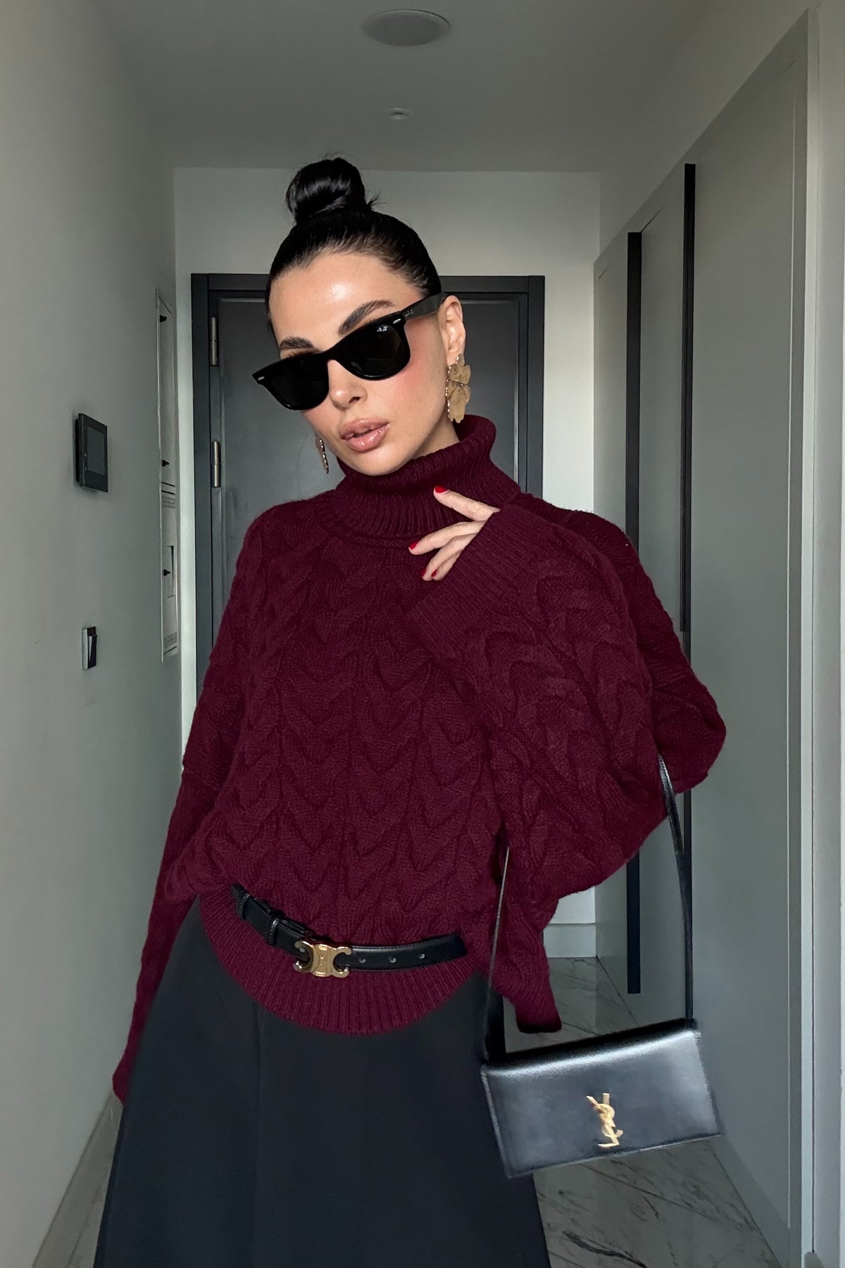 Bordo Saç Örgü Boğazlı Kazak SY-3461-Bordo