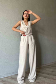 Taş Pile Detaylı Rahat Kesim Keten Pantolon SY-2097-Taş