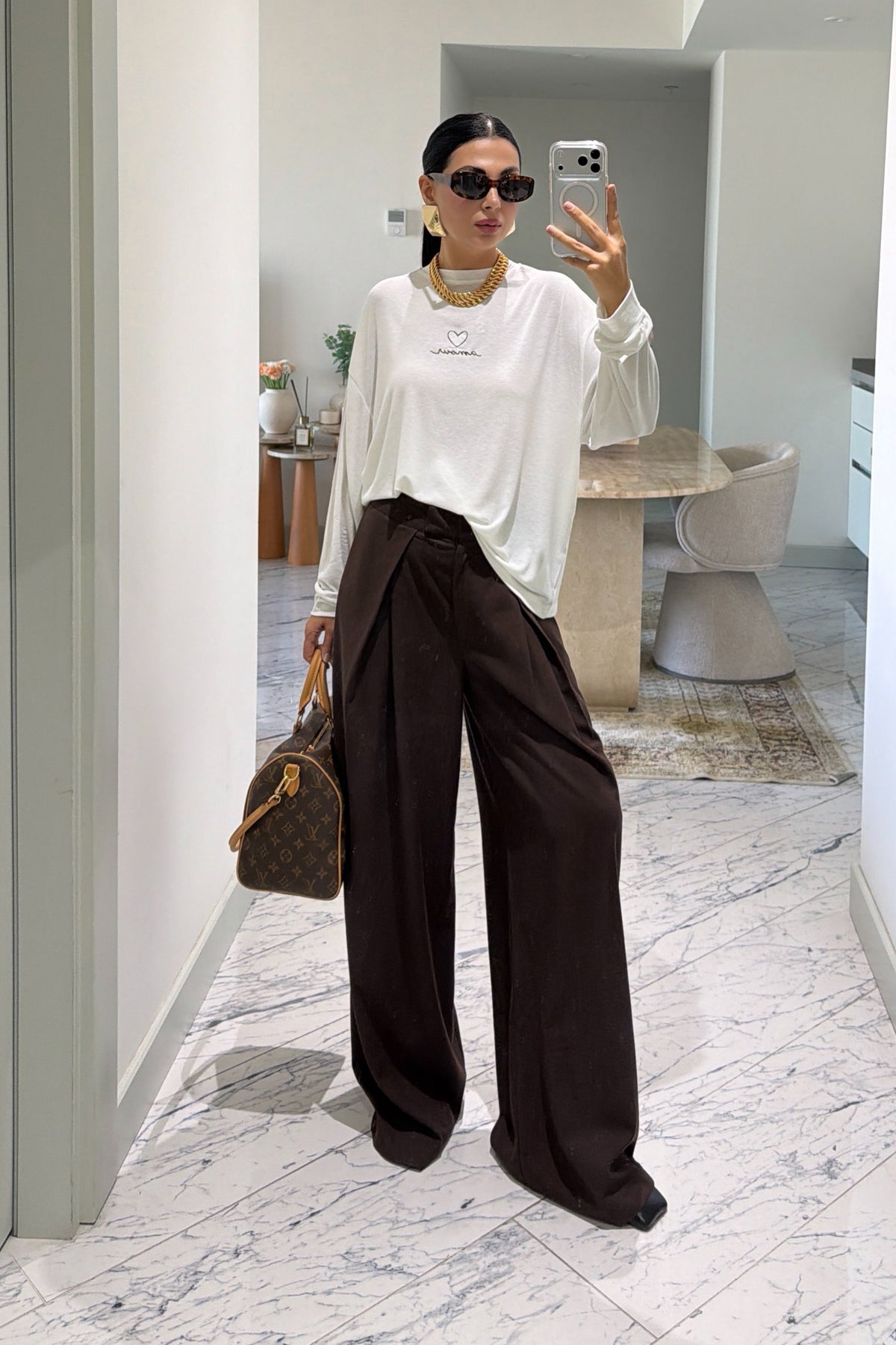 Ekru Amour Baskılı Oversize Uzun Kollu Tişört SY-3829-Ekru