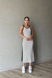 Beyaz Siyah Çizgili L Muadili Kadın Straight Fit Siyah Elbise SY-2258-Beyaz Siyah Çizgili