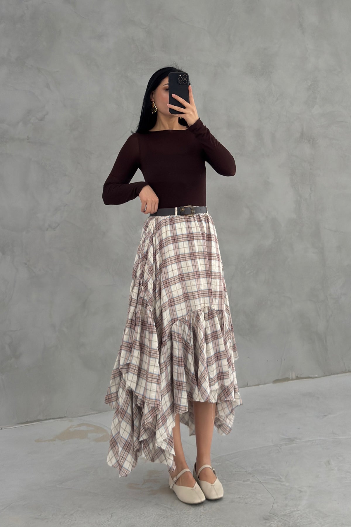 Kemerli Volan Detaylı Ekose Asimetrik Kesim Etek SY-3647-Krem