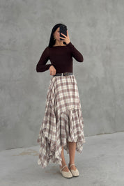 Kemerli Volan Detaylı Ekose Asimetrik Kesim Etek SY-3647-Krem