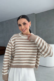 Vizon Çizgili Yumuşak Triko Kazak SY-3434-Vizon