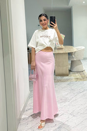 Pembe Premium Uzun Saten Çan Etek SY-3685-Pembe