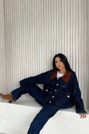 Lacivert Kadife Yaka Kargo Cep Detaylı Denim Ceket SY-2532-Lacivert
