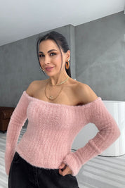 Pembe Sakallı Kayık Yaka Triko Kazak SYM-3426-Pembe