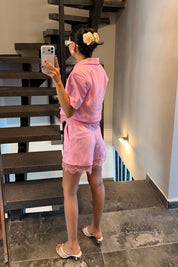Pembe Keten Dantel Detaylı Şort-Ceket Takım SY-3736-Pembe