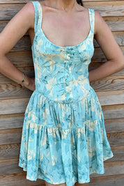 Mint Yeşili Desenli Eteği Büzgü Detaylı Elbise SY-2179-Mint Yeşili