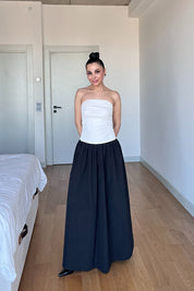 Siyah Poplin Üstü Beyaz Straplez Uzun Elbise SY-3019-Beyaz