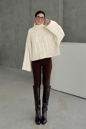 Ekru Saç Örgü Boğazlı Kazak SY-3461-Ekru