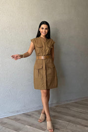 Camel Keten Safari Elbise SY-2853-Camel