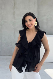 Siyah Fırfırlı Bağlama Detaylı Bluz SY-3165-Siyah