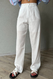 Beyaz Keten Palazzo Pantolon SY-2168-Beyaz