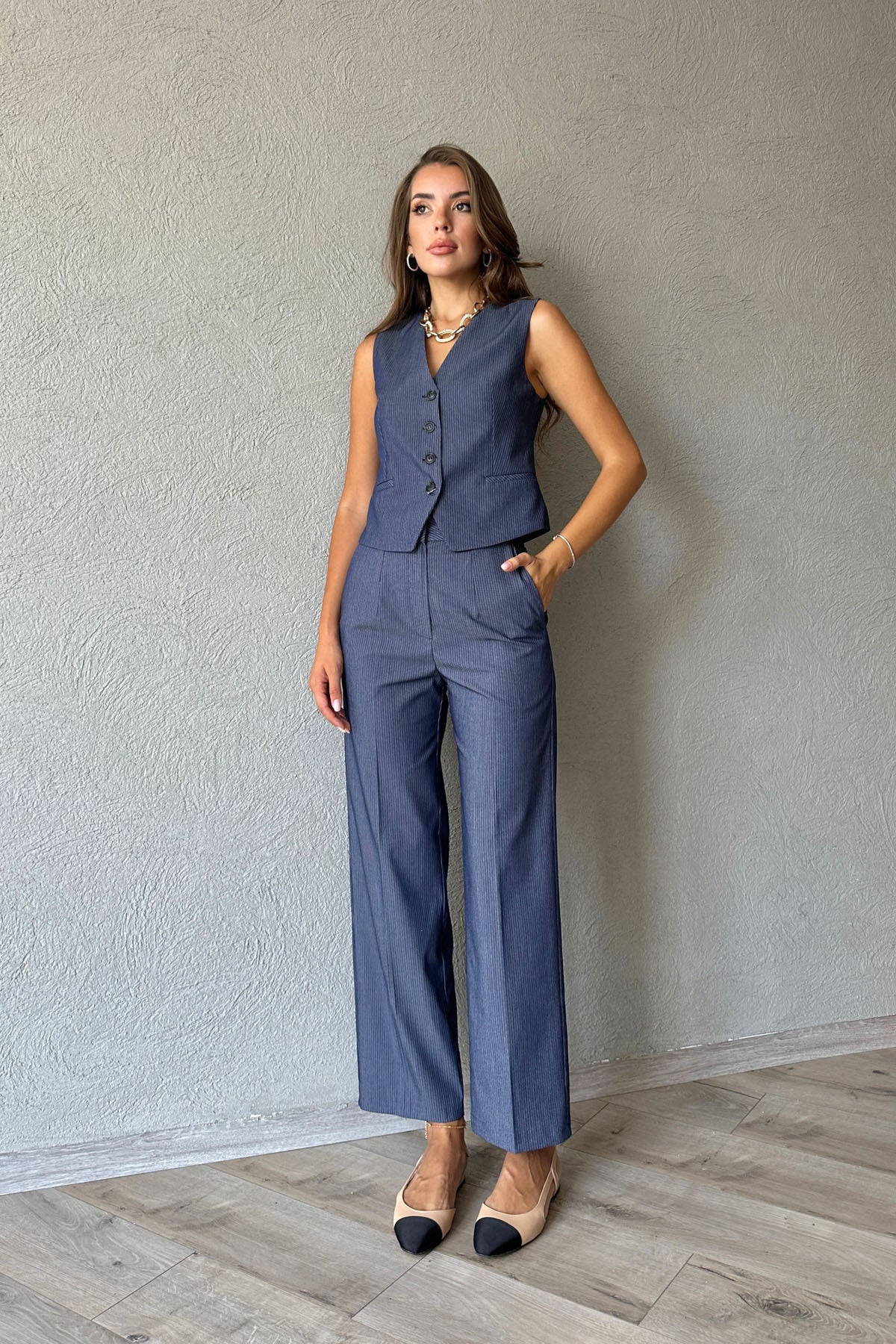 Lacivert Çizgili Pens Detaylı Yelek ve Pantolon Takım SY-0972-Lacivert