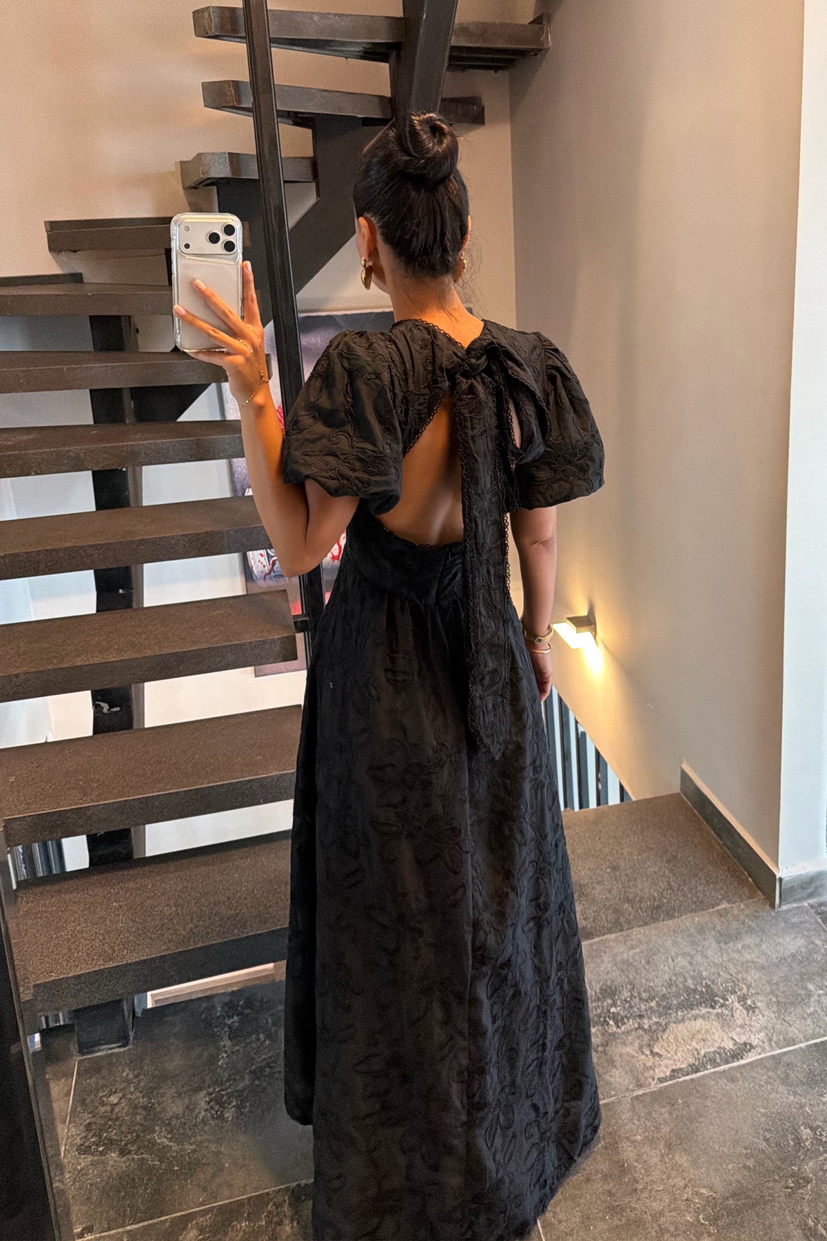 Siyah Balon Kol Arkası Bağlamalı Brode Elbise SY-2346-Siyah