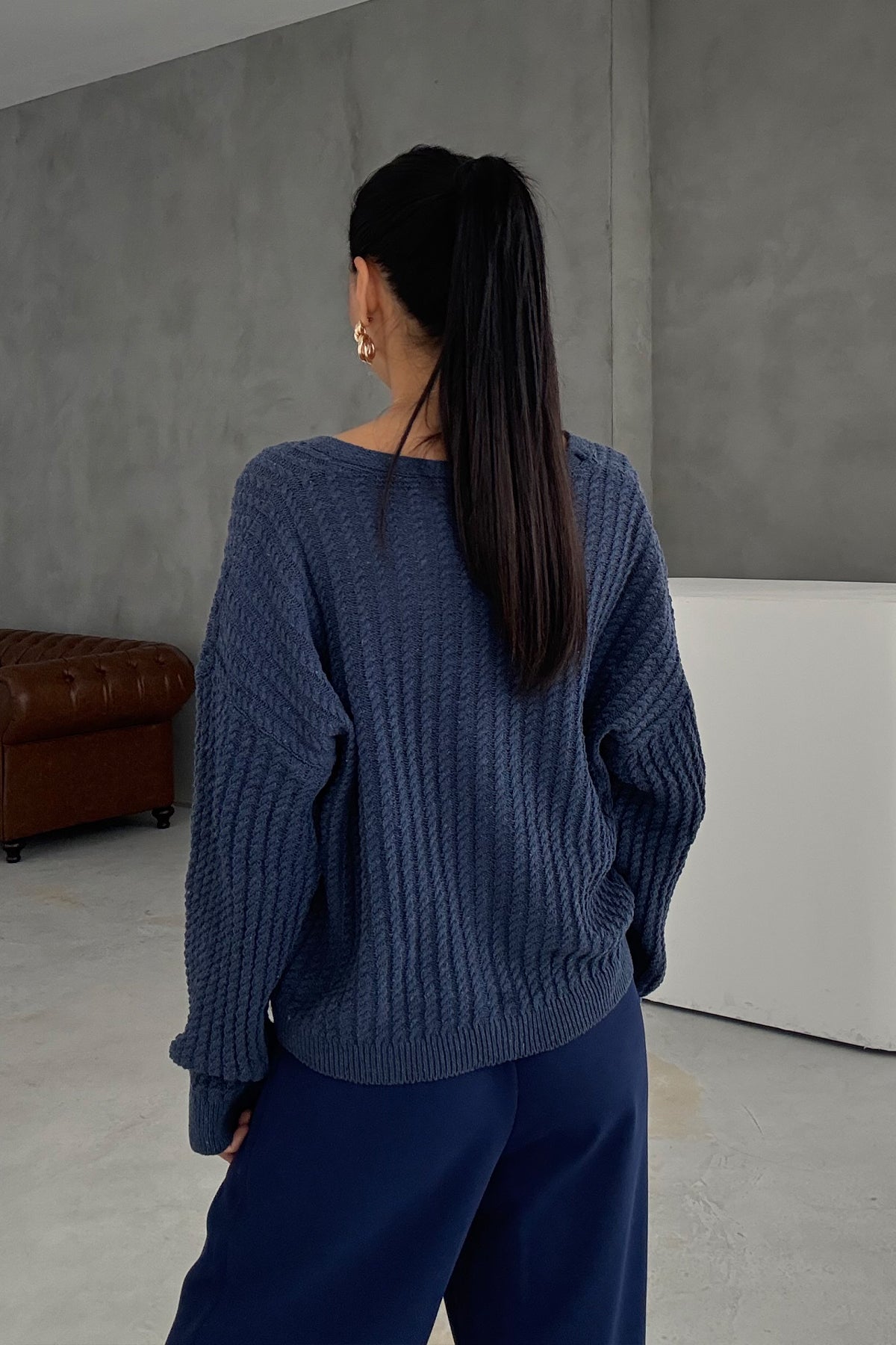 Kadın Lacivert V Yaka Düğme Detaylı Triko Kışlık Hırka SYM-3427-Lacivert