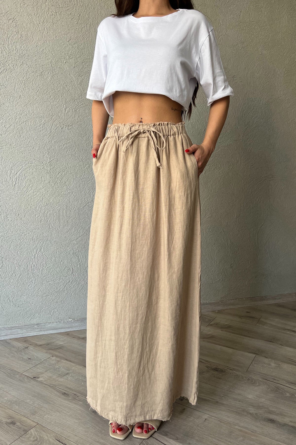 Vizon Beli Bağlama Detaylı Uzun Keten Etek SY-2154-Vizon