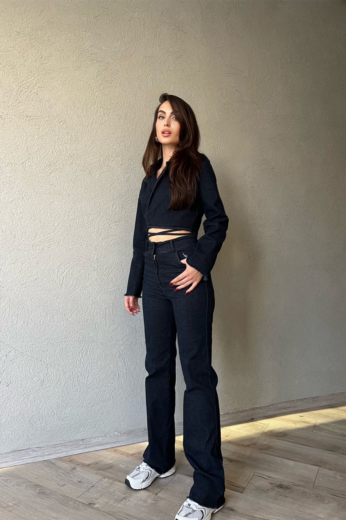 Koyu Mavi Tasarım Bağlamalı Bluz Ve Pantolon Takım SY-1261-Koyu Mavi