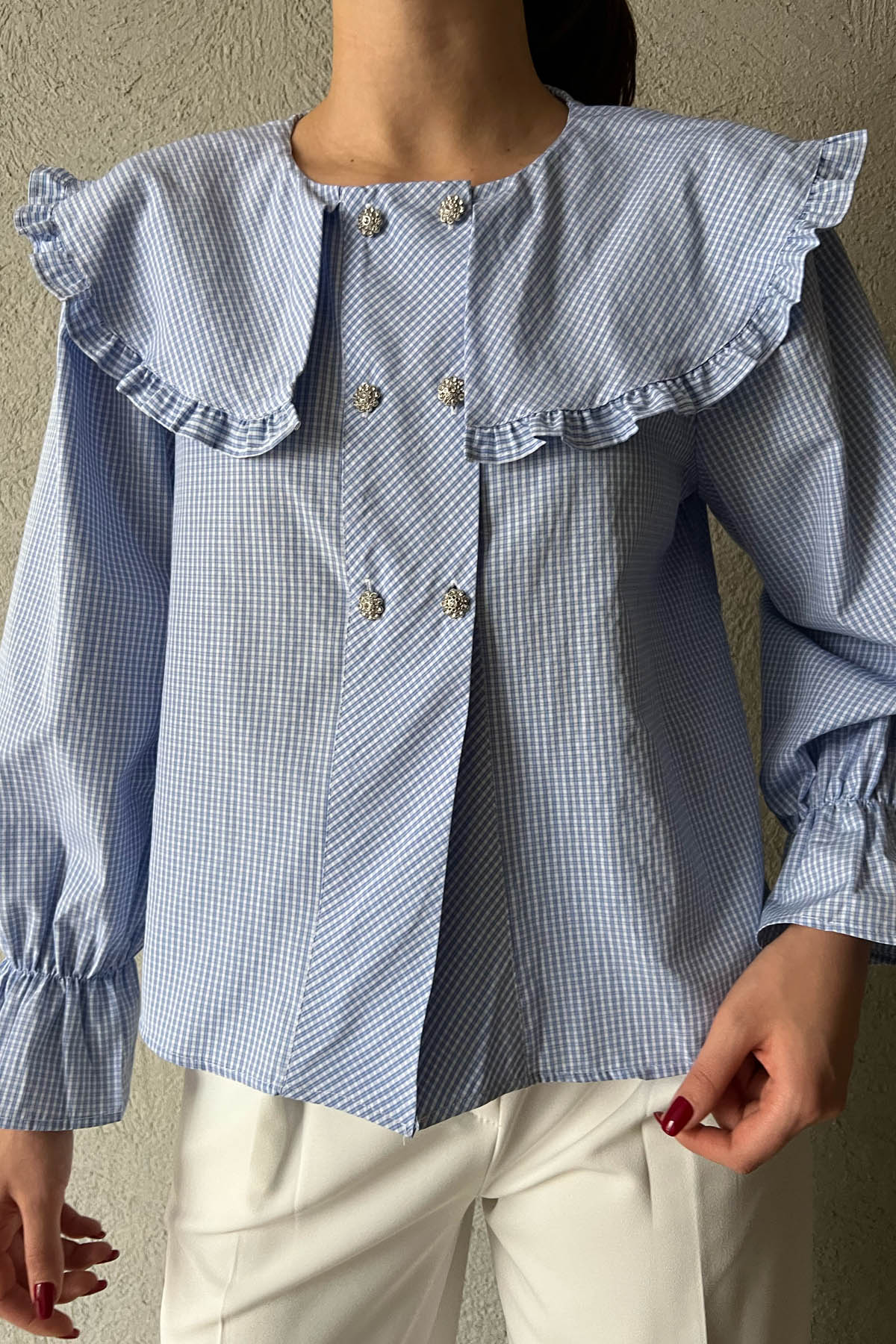 Mavi Taş Düğme ve Yaka Detaylı ZR Bluz SY-1695-Mavi