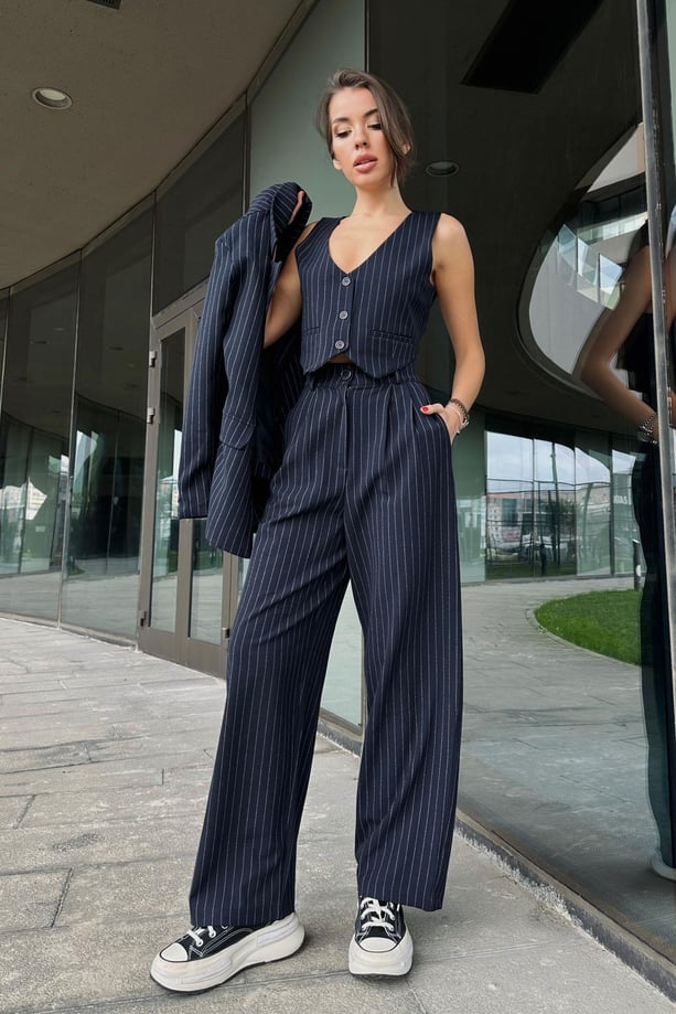 Lacivert Çizgili Premium Palazzo Pantolon SY-2879-Lacivert