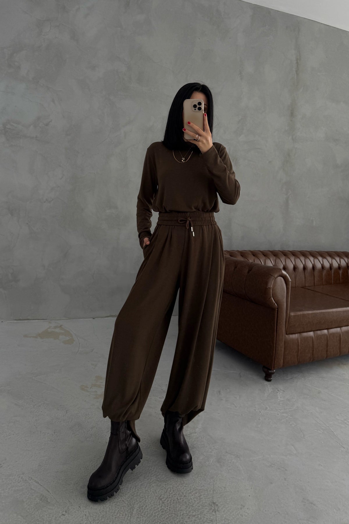 Kahverengi Rahat Kesim Pile Detaylı Eşofman Alt Ve üst Takım SY-3435-Kahverengi