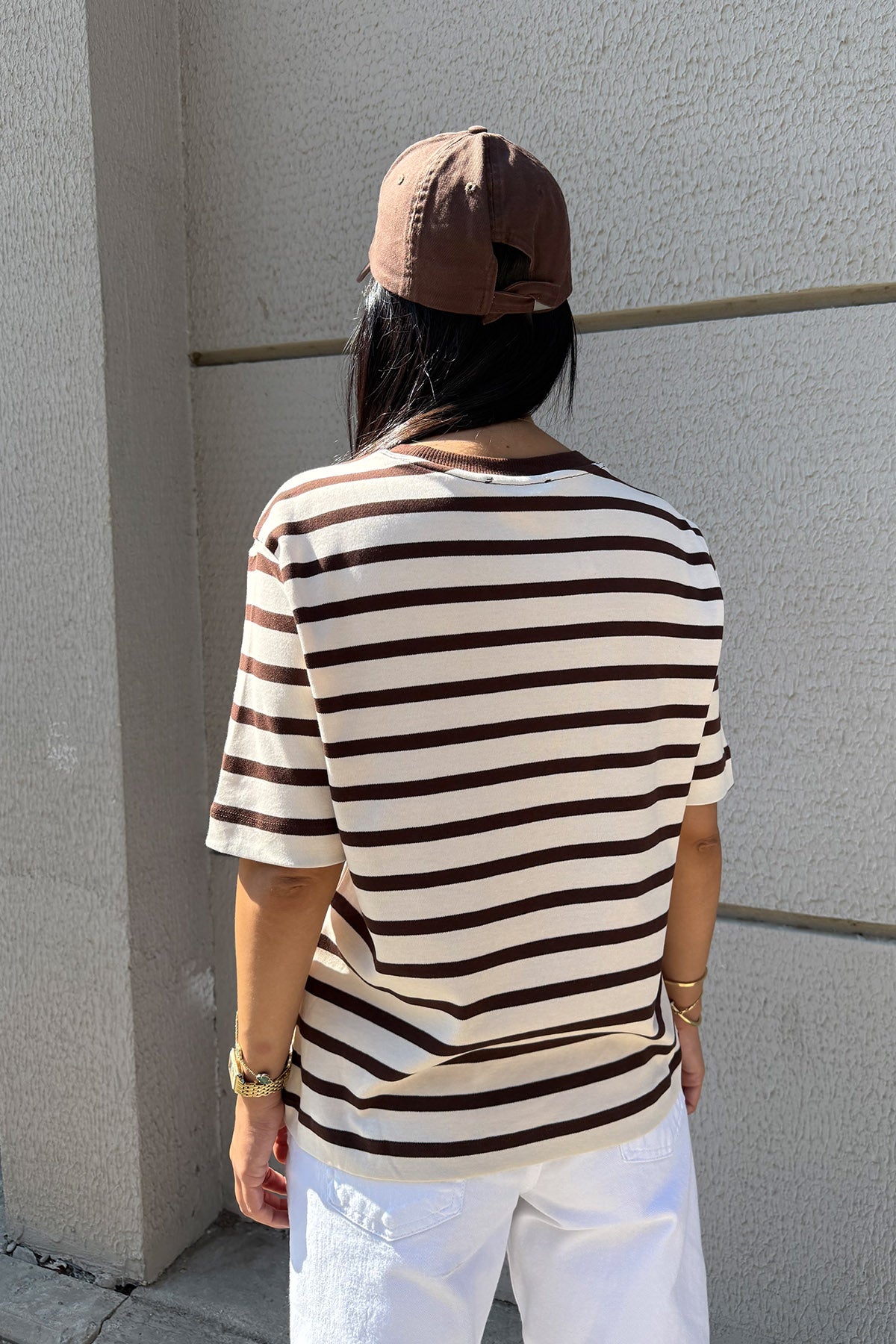 Bej Kahve Çizgili Pamuklu T-shirt SY-3313-Bej