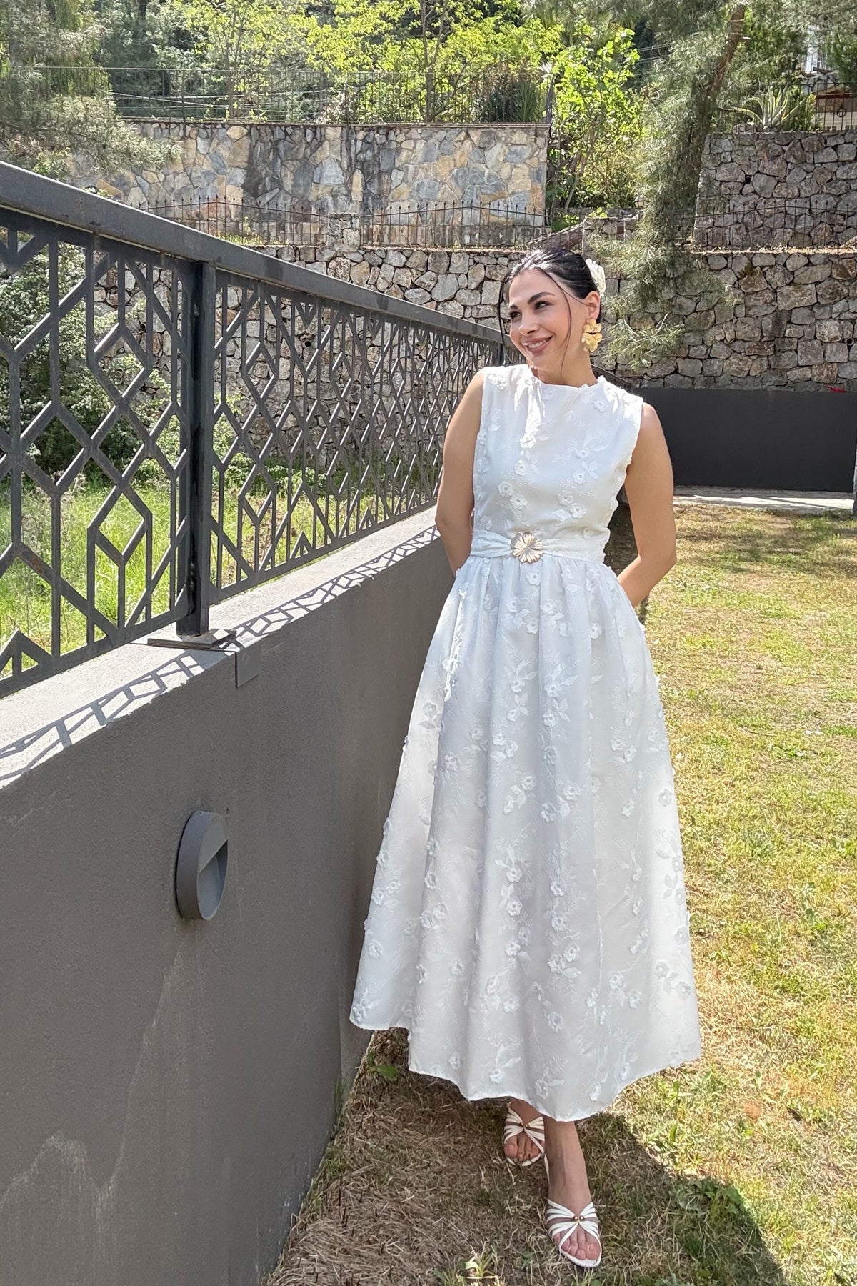 Santorini Çiçek Desenli Midi Elbise-Beyaz SY-3661-Beyaz