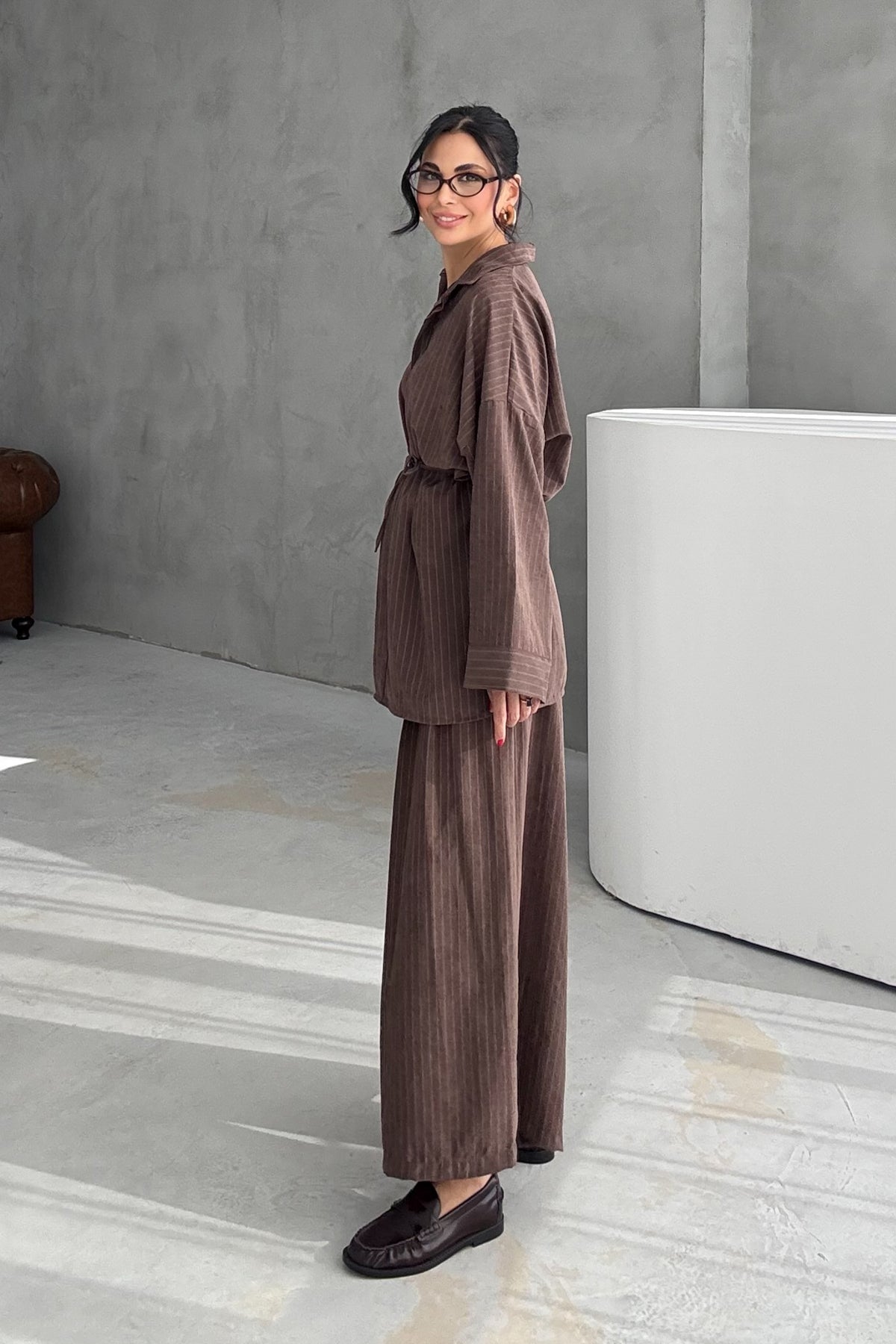 Kahve Çizgili Pantolon Üst Takım SY-3431-Kahve