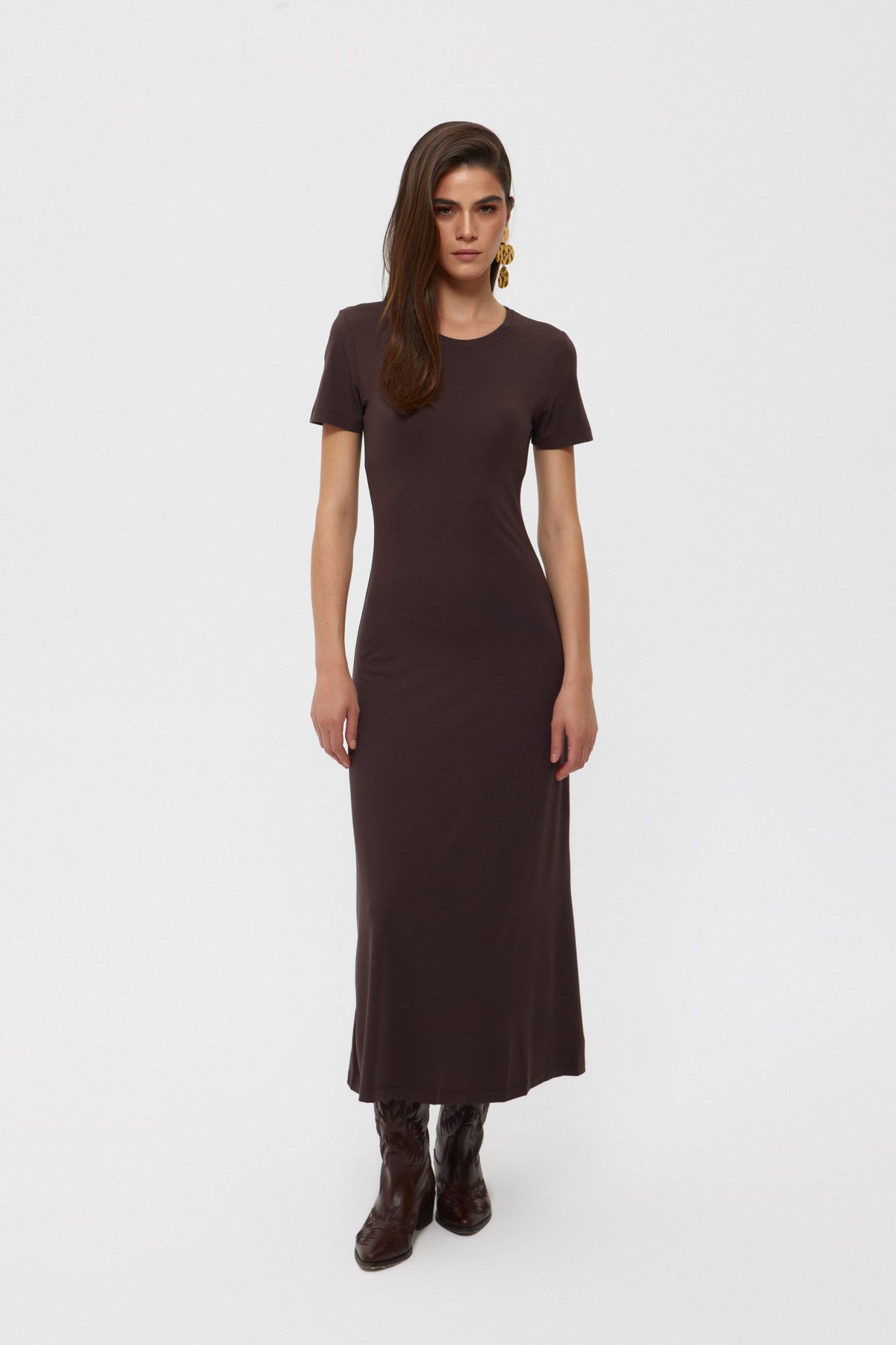 Koyu Kahve Basıc Uzun Elbise SY-2392-Koyu Kahve
