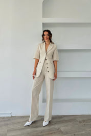 Bej Çizgili Sırt Detaylı Ceket ve Pantolon Takım SY-0389-Bej