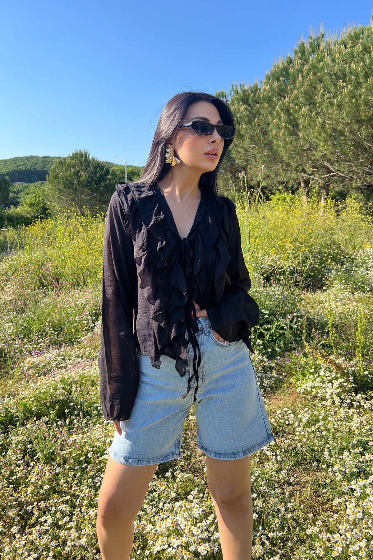 Siyah Uzun Kol Fırfırlı Bluz SY-3168-Siyah