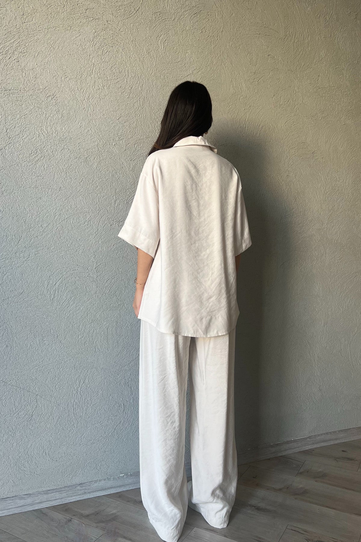 Bej Tensel Kısa Kol Gömlek Pantolon Keten Takım SY-2077-Bej