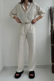 Bej Belden Pens Dikişli Bol Paça Gömlekli Keten Takım SY-0357-Bej