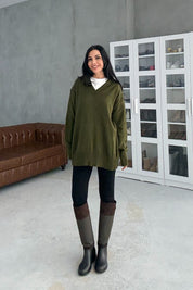 Haki V Yaka Oversize Pinterest Triko Kazak SY-3348-Haki