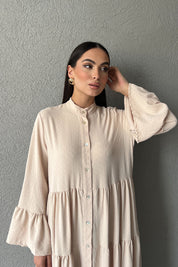 Hakim Yaka Düğmeli Uzun Dokuma Bej Elbise SY-3034-Bej