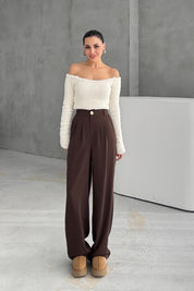 Kahve Gold Düğme Detaylı Palazzo Pantolon SY-3424-Kahve