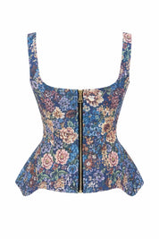 Flora Çiçek Desenli Vintage Korse Bluz SY-3820-Mavi