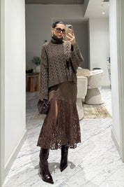 Dantel Detaylı Kahverengi Saten Etek SY-3540-Kahverengi