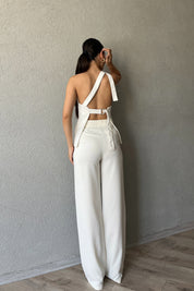 Ekru Pileli Tek Arka Cep Detaylı Pantolon SY-2343-Ekru