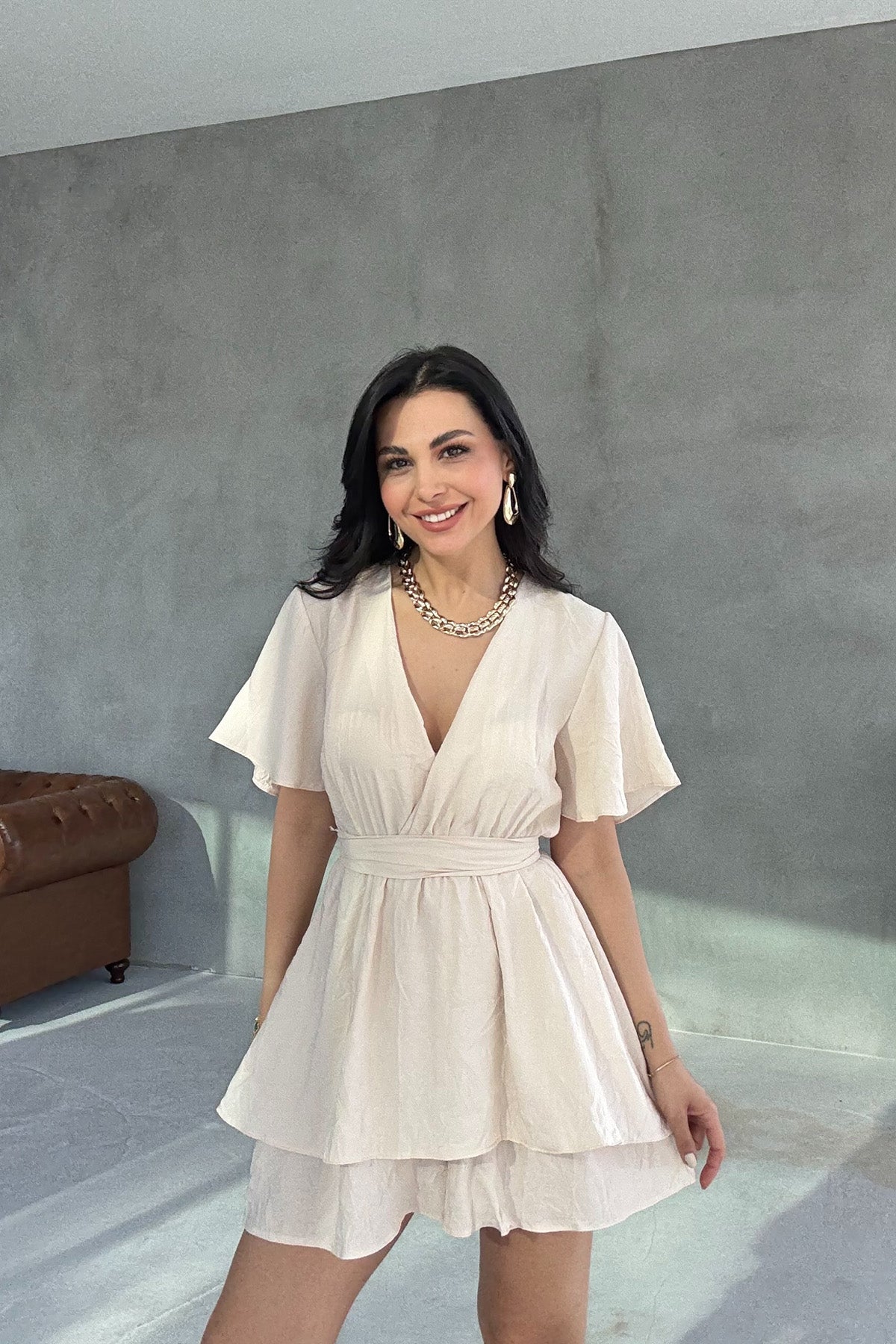 Bej Beli Lastikli Kuşaklı Mini Elbise SY-3067-Bej