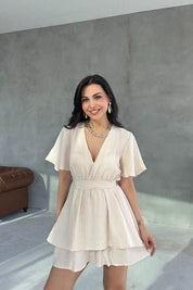 Bej Beli Lastikli Kuşaklı Mini Elbise SY-3067-Bej
