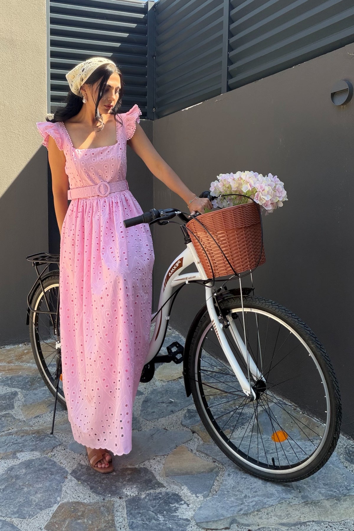 Luna Pembe Brode Elbise - Kemerli Dantel Detaylı Yazlık Elbise SY-3739-Pembe
