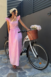 Luna Pembe Brode Elbise - Kemerli Dantel Detaylı Yazlık Elbise SY-3739-Pembe