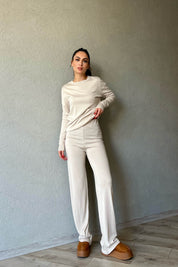 Bej Kazak ve Beli Lastikli Pantolon Triko Takım SY-1583-Bej