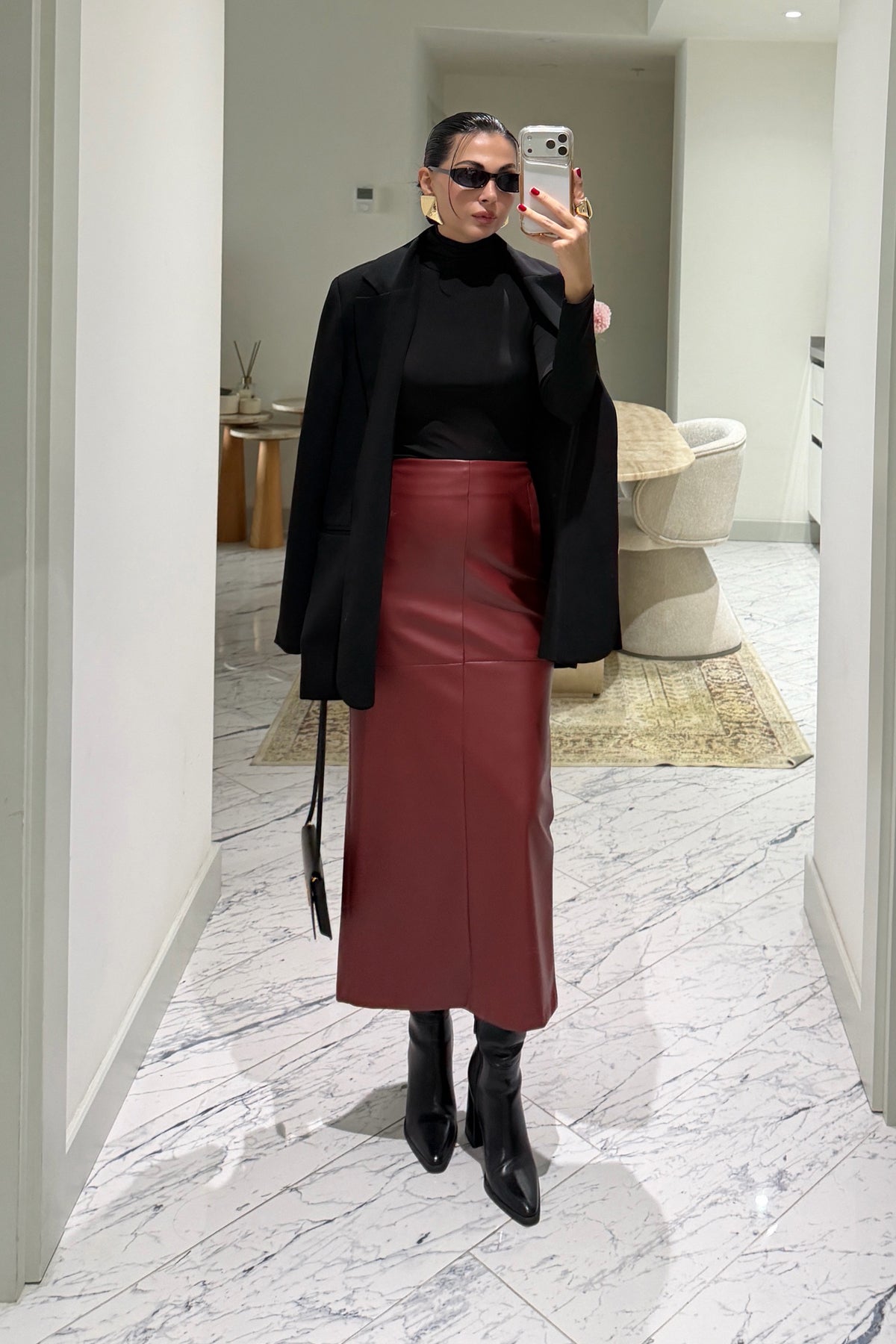 Deri Bordo Kalem Midi Etek SY-3893-Bordo