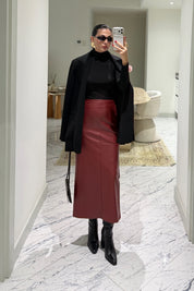Deri Bordo Kalem Midi Etek SY-3893-Bordo